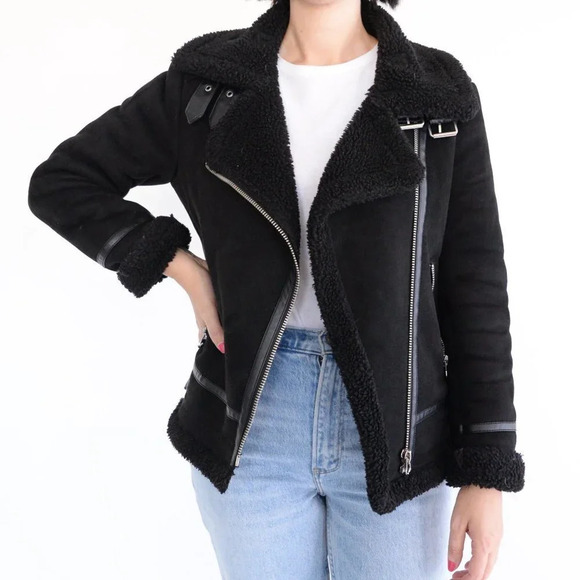 Zara Black Faux Shearling Bomber  Moto Jacket Small - Picture 3 of 16